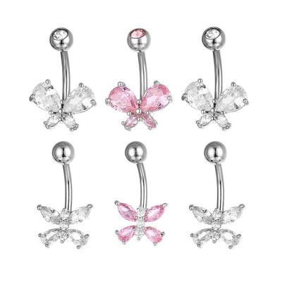 Zircon Butterfly Inlay Belly Button Ring - European & American Style, Stainless Steel Navel Piercing Jewelry.