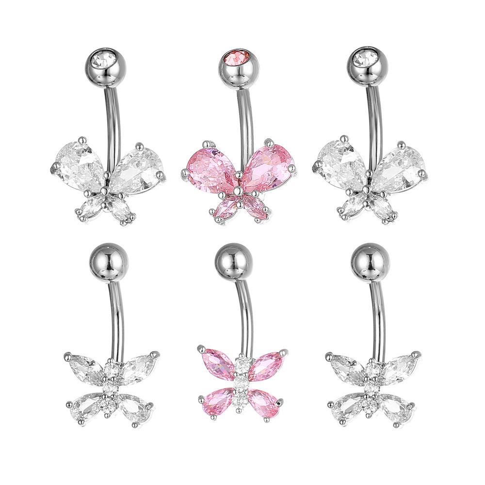 Zircon Butterfly Inlay Belly Button Ring - European & American Style, Stainless Steel Navel Piercing Jewelry.