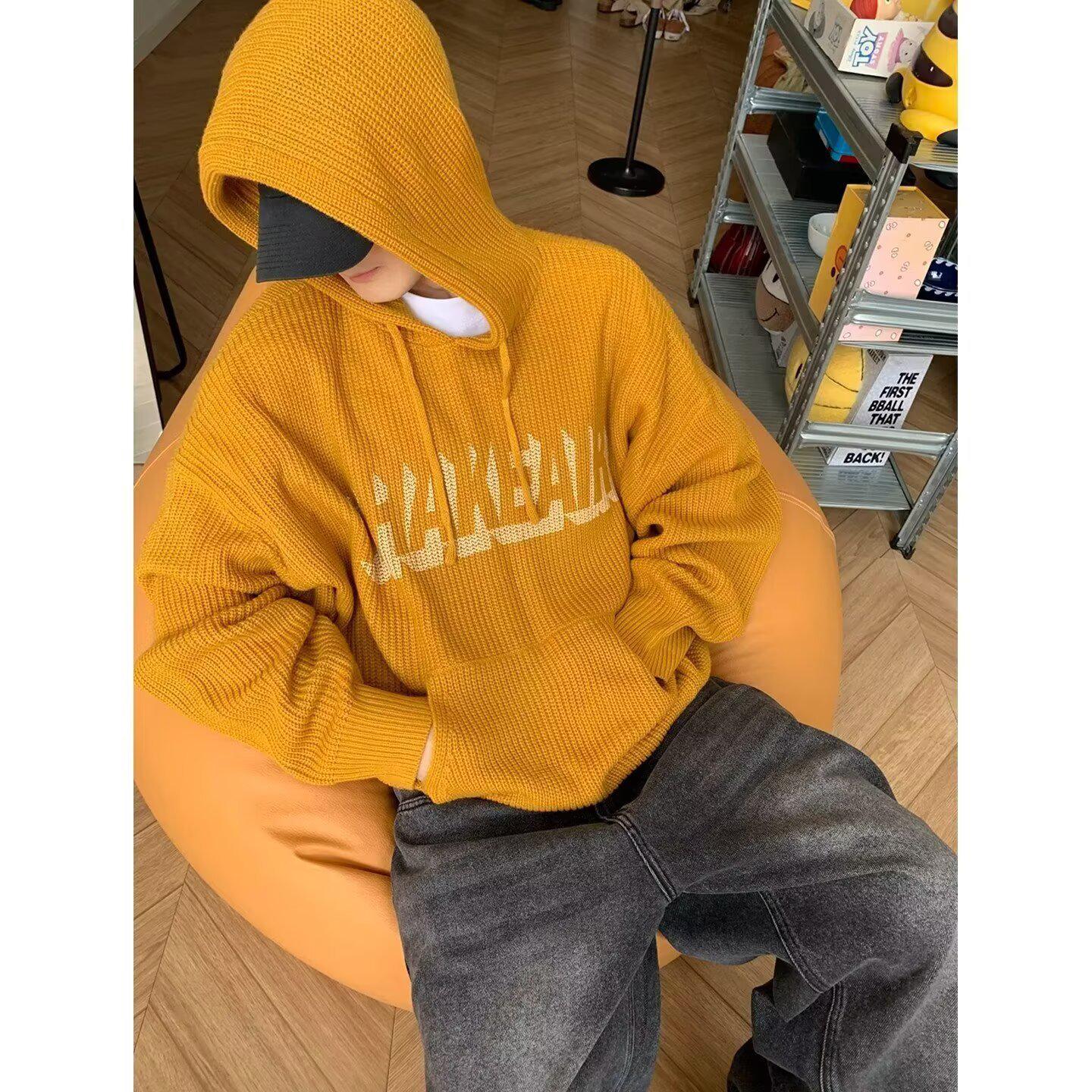 Unisex Hooded Knit Sweater for Autumn/Winter - Loose, Cozy Style XXL жёлтый