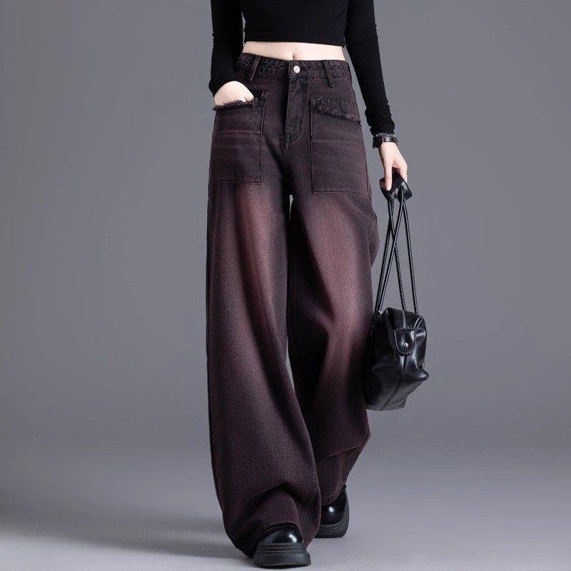 Women s 2025 Red & Black Fleece-Lined High-Waisted Wide-Leg Denim Pants for Autumn/Winter L