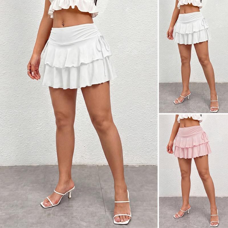 Women High Waist Drawstring Solid Cake Short Skirt Casual Summer Halfbody Skirt