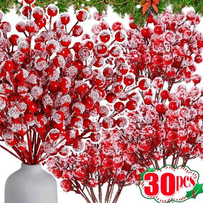 Weihnachts-Schneeflocke Rote Beeren Rote Frucht Simulation Beerenzweige 12 Köpfe Stechpalmenbeeren Stiele DIY Kranz Weihnachtsbaumschmuck
