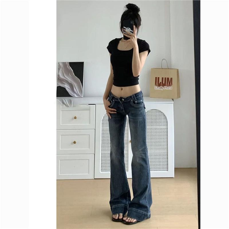 Women's Dark Low-Rise Micro-Flare Jeans: Versatile, Stretchy, Slimming, Retro Style, Bell Bottom Pants