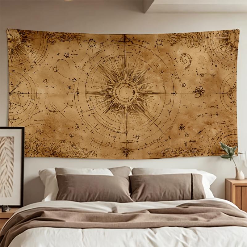 Antique Compass Map Tapestry 2D Digital Print Polyester Wall Hanging Living Room Bedroom Office Studio Decor with Hooks