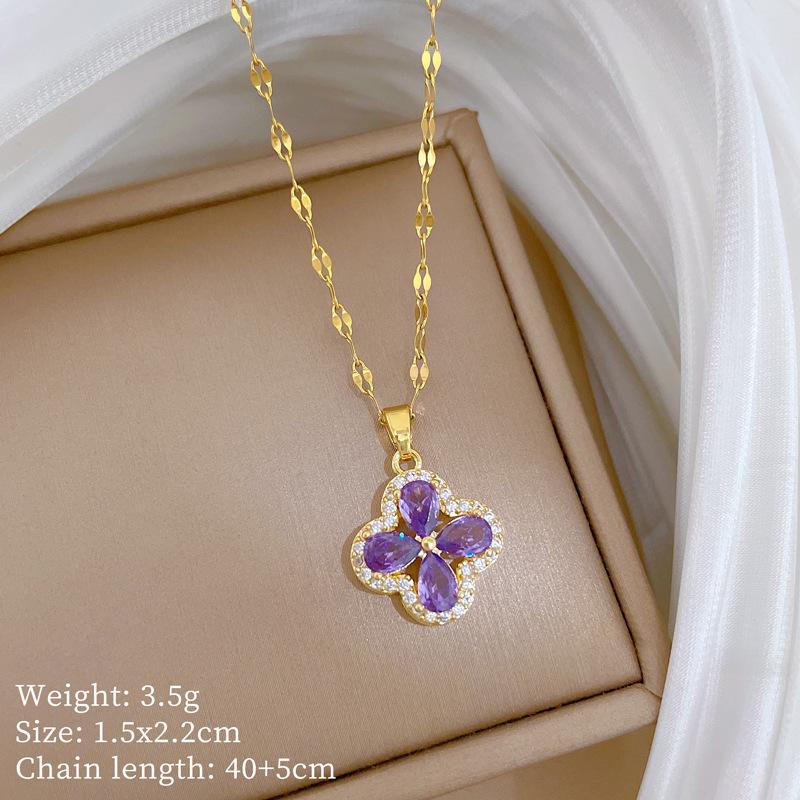 New Niche Design Wind Slightly Inlaid Zircon Amethyst Four-Leaf Flower Pendant Collarbone Chain Jewelry