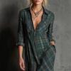 Autumn Turn-down Collar Button Up Plaid Clothes Dresses Vintage Robe Women Elegant Swing Dress Retro Pull On Dress