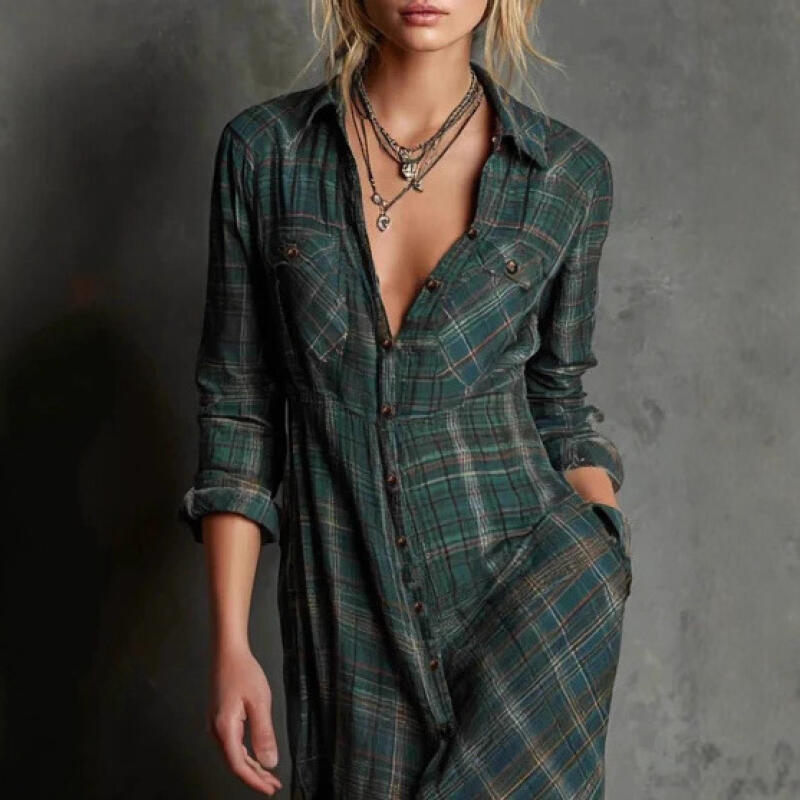 Autumn Turn-down Collar Button Up Plaid Clothes Dresses Vintage Robe Women Elegant Swing Dress Retro Pull On Dress