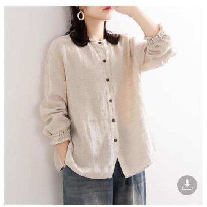Spring Autumn Women's Cotton Linen Shirt Long Sleeved Loose Round Neck Shirt Casual Jacket with Closed Sleeves Top