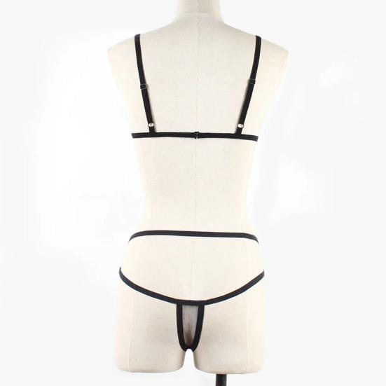 2 Pcs/Set Bra Panties Set See-through Mesh Hollow Out Solid Color Elastic Strap Decor Thin High Waist Wedding Night Honeymoon Underwear Set