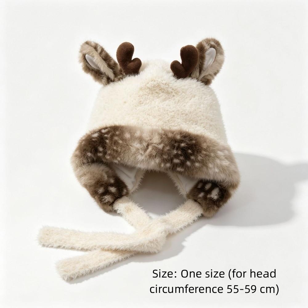 Plush Antler Winter Warm Hat Ear Protection Beanie Hat New Woolen Cap  Women
