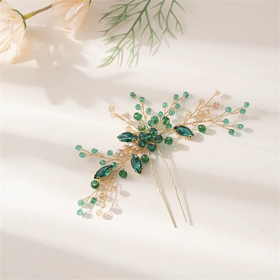 Spring new women's headwear Korean style simple handmade fashionable green ghost rhinestone crystal hairpin hair accessory