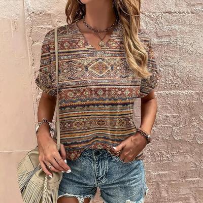 Boho Harajuku Damen T-Shirt Grafikdruck Sommer Kurzarm Casual Tops Street Fashion V-Ausschnitt T-Shirt Weibliche Kleidung T-Shirts Damen