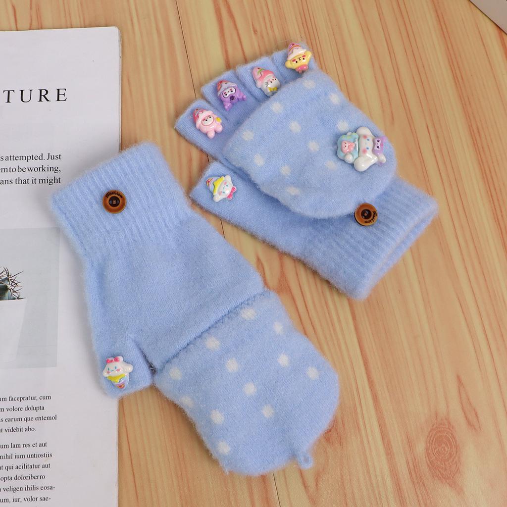 Children's gloves girl-year-old cartoon cute half-finger flip to keep warm knitted wool Nantong thickened to keep warm