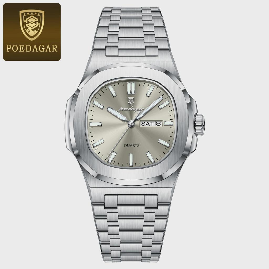 Luxury Square Men's Watches Waterproof Luminous Date Week Men Watch Stainless Steel Fashion Quartz Wristwatch