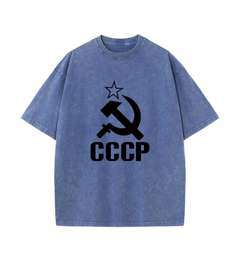 2025 Summer 100% Cotton Washed Old Craft Oversized T Shirt Big Size O-neck Oversized Men T Shirt CCCP Print