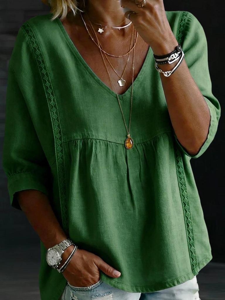 2026 Lace V-neck Women's Casual Three-Quarter Sleeve Pullover Top