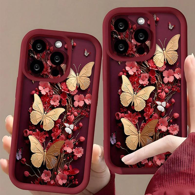 Golden Butterflies and Vintage Red Flowers Phone Case iPhone 15 Pro Max 11 12 13 16 14 Plus Soft Silicone Protective Case