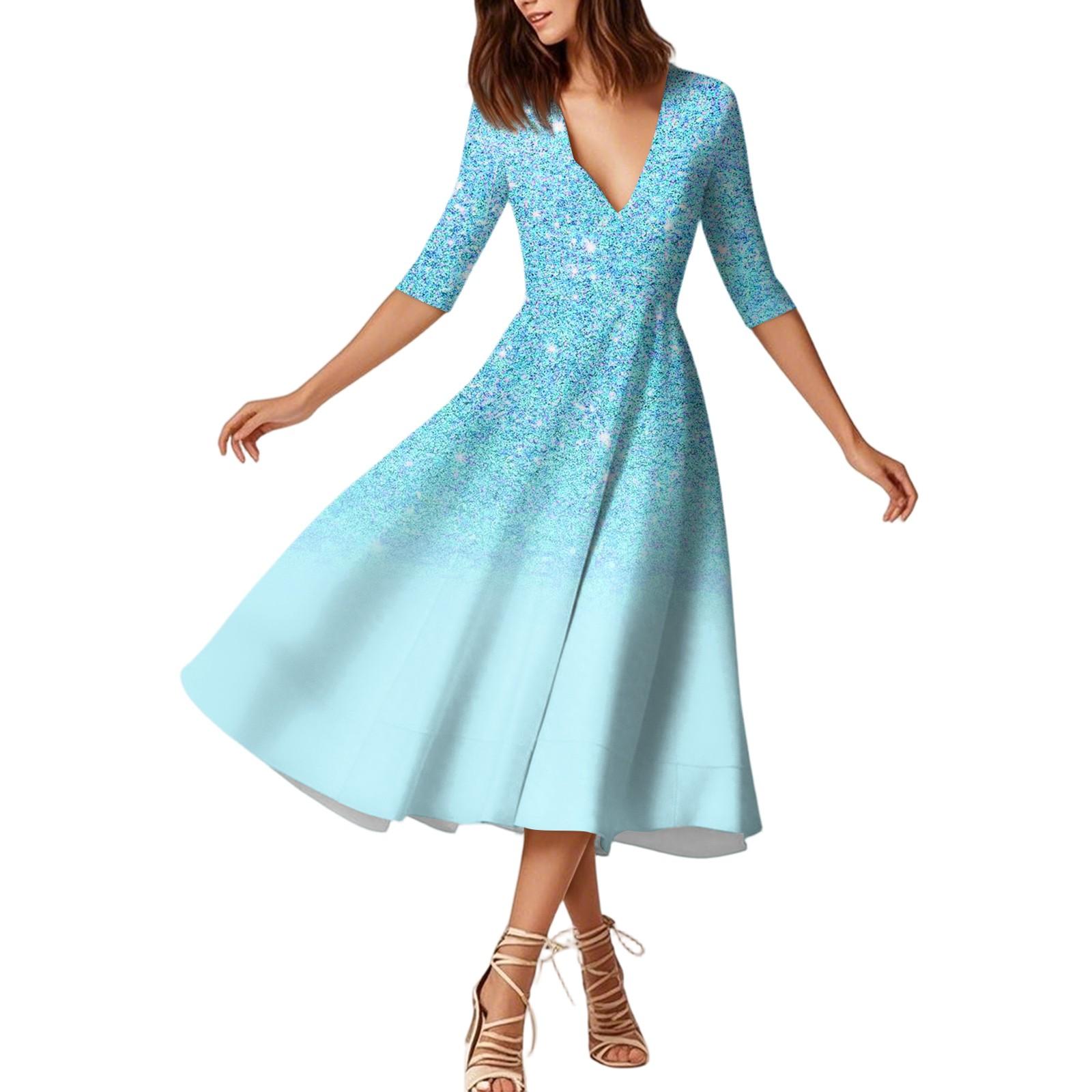 

Женское модное платье средней длины со средним рукавом и градиентным принтом, сексуальное платье с V-образным вырезом XL небесно-голубой