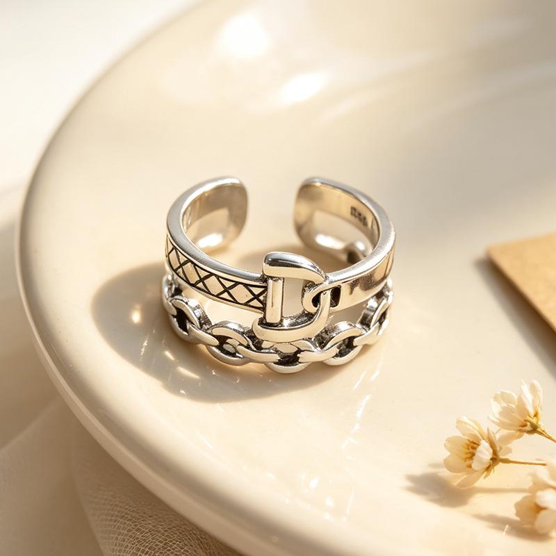 European Plaid Hollow Open Adjustable Silver Plated Double Layer D-Chain Ring