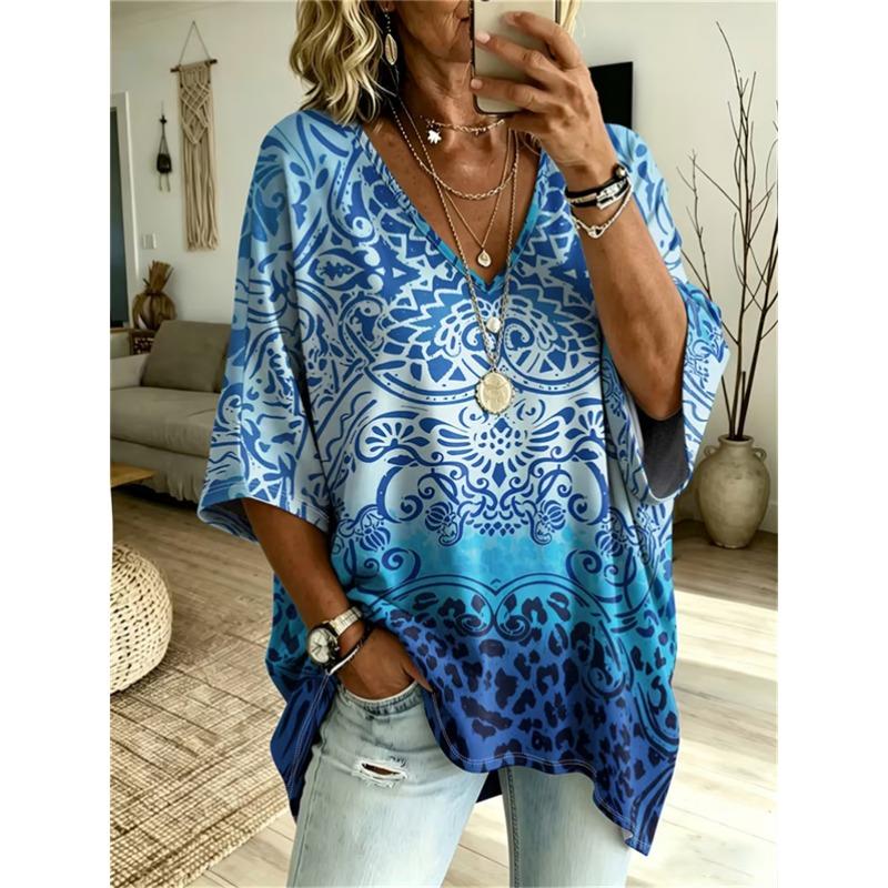 Plus-Size Women's V-Neck Batwing Sleeve T-Shirt Bohemian Ethnic Print Loose Top Summer Comfortable Breathable Daily Commute Casual Slimming Style