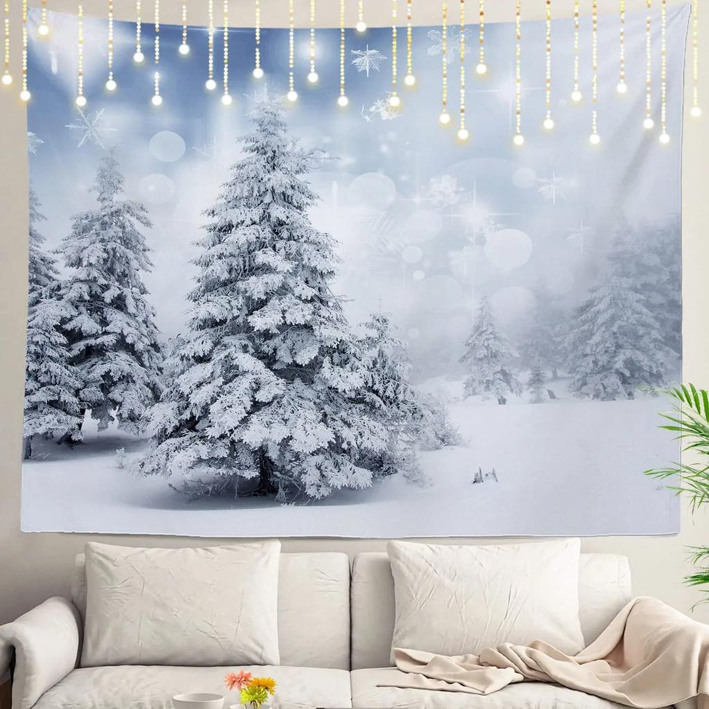 Christmas Tapestry Wall Hanging Nature Winter White Forest Snow Wall Tapestry Art for Party Living Room Bedroom Dorm Home Decor