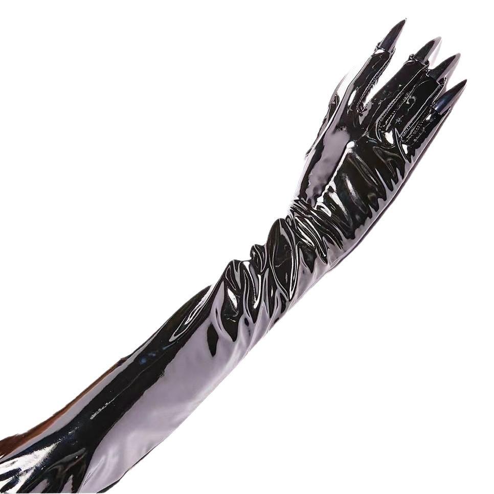 Guanti Sexy Lucidi in Pelle Cosplay Pelle Nera Performance da Bar Pole Dance Pelle Verniciata Guanti Lunghi Sexy per Unghie