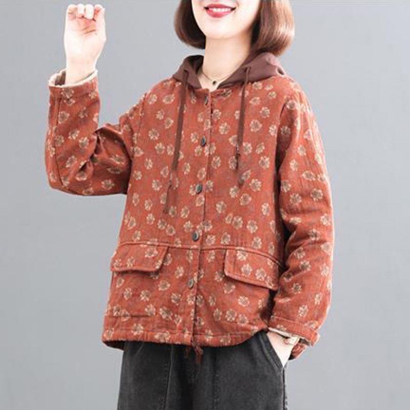 2026 Spring/Autumn Korean Style Plus Size Printed Fleece-Lined Hooded Retro Women s Casual Jacket 3XL