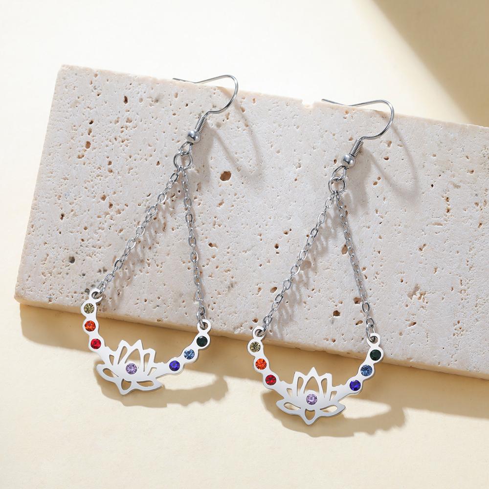 Dawapara Chakras Lotus Flower Dangle Earrings Stainless Steel Women Earrings Colorful Zircon Boho Yoga Spiritual Jewelry