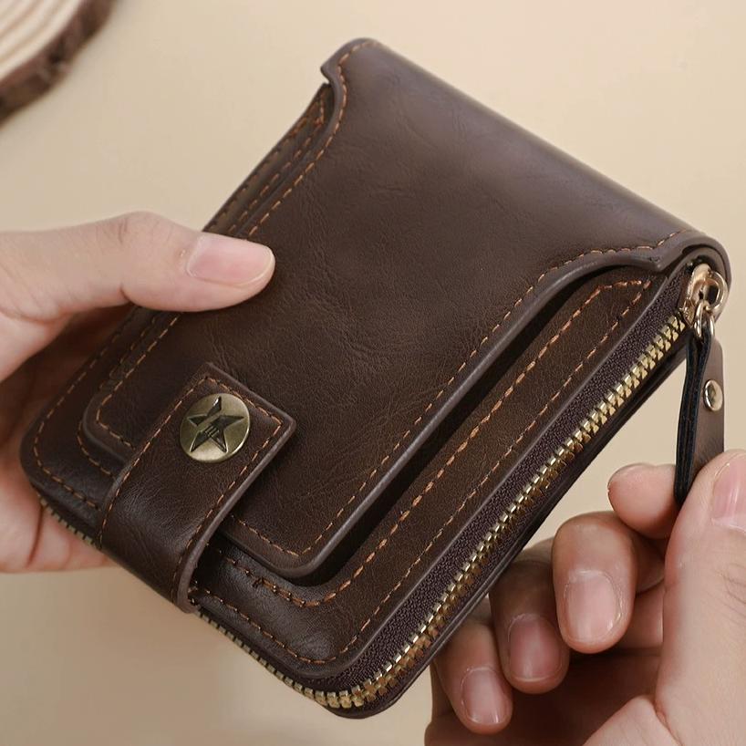 Retro Men's Short Wallet Vintage Man Money Clip Large Capacity Zipper Multifunctional Card Holder Coin Purse High Quality