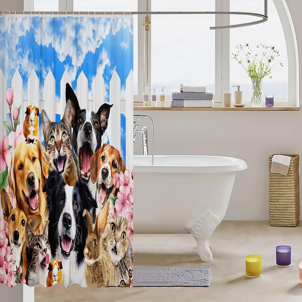 Dog Bath Curtain for Girls Boys Kids Cute Pet Cat Dog Shower Curtain with Hooks Backyard Pals Dogs and Cats Shower Curtain