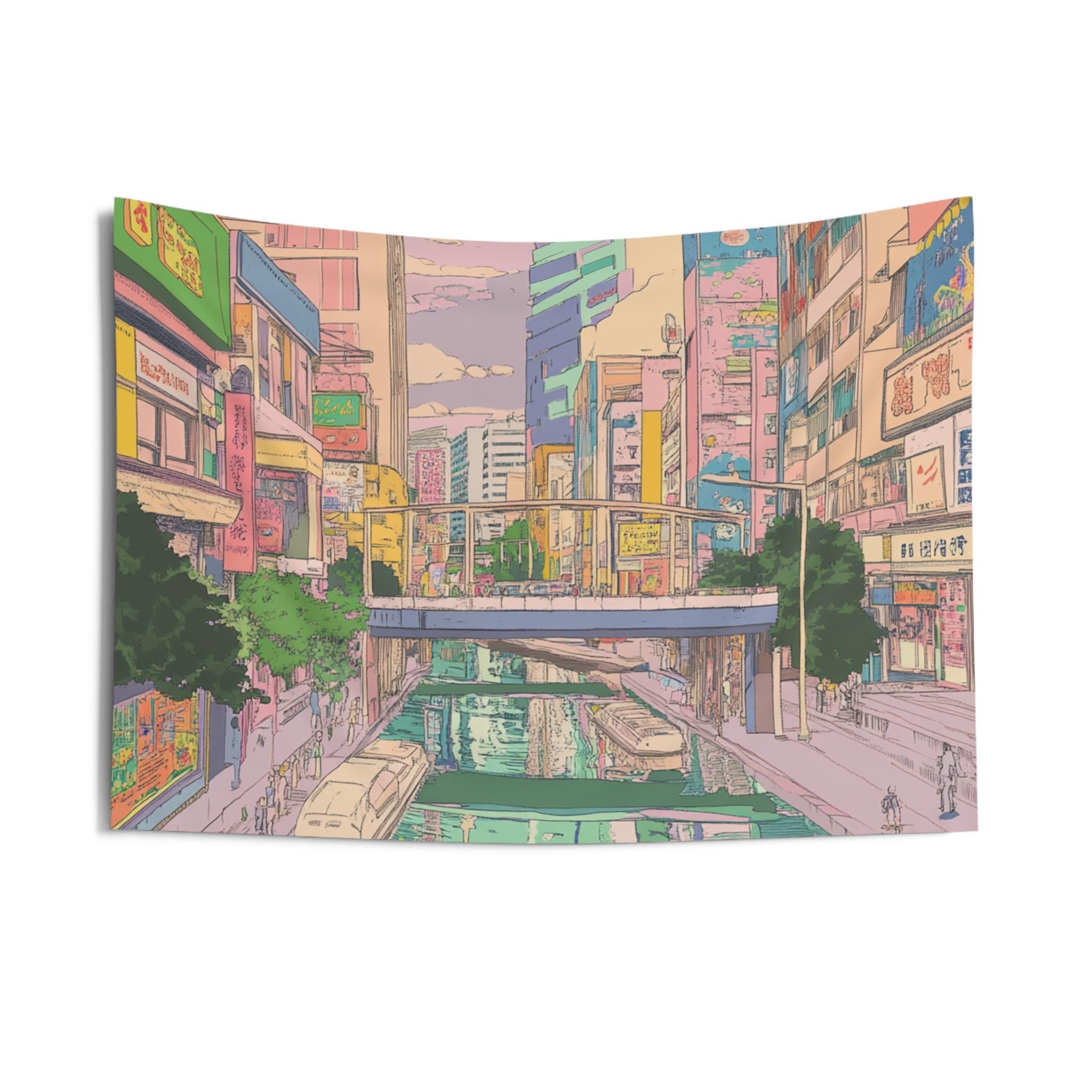 Asian City Vibes Vaporwave Illustration Wall Tapestry Retro Futuristic Decor Perfect For Bedroom Or Gaming Room Aesthetic 74x94cm(29x37in)