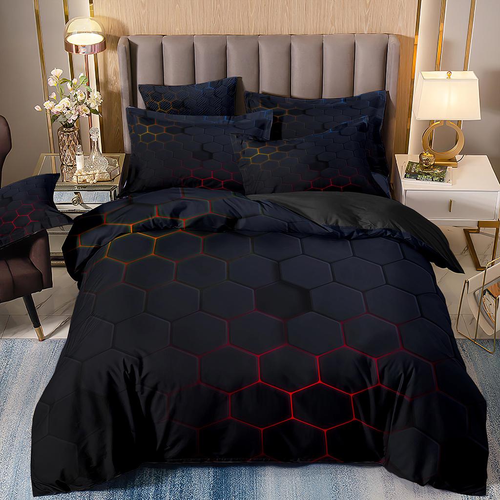 Abstraktes 3D-Druck-Bettwäscheset mit geometrischem Karomuster, vierteilig, dreiteilig