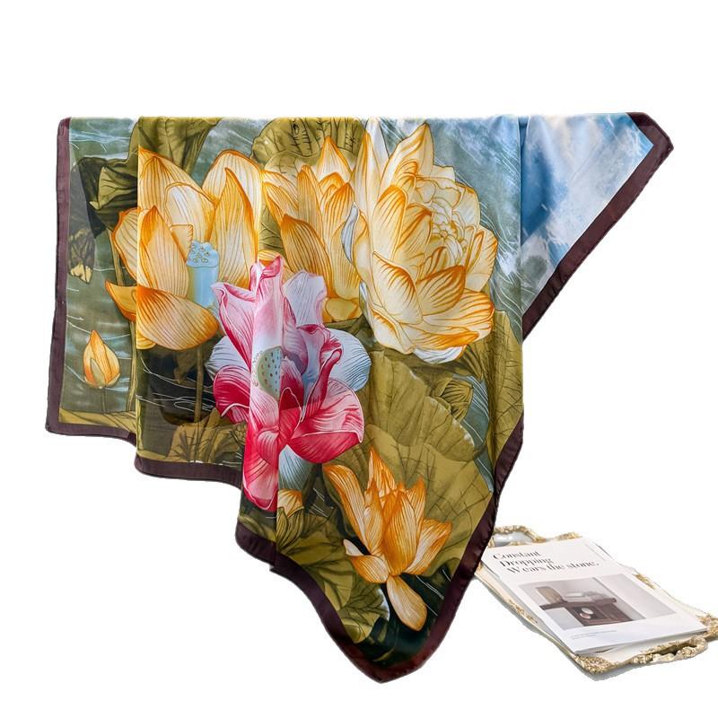 Ink And Wash Lotus Simulation Silk Printing Large Square Scarf Silk Scarf Shawl Headscarf Beach Scarf Neck Protection Scarf Decorative Scarf