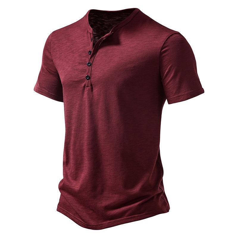 Men's Khaki Heather Short Sleeve Henley Shirt Casual Button Placket Crew Neck Top