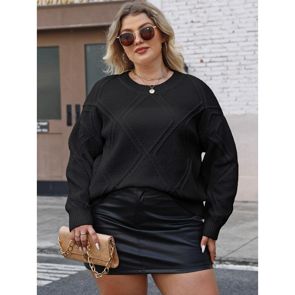 Plus-size Women's Diamond-patterned Jacquard Loose Casual Pullover Sweater