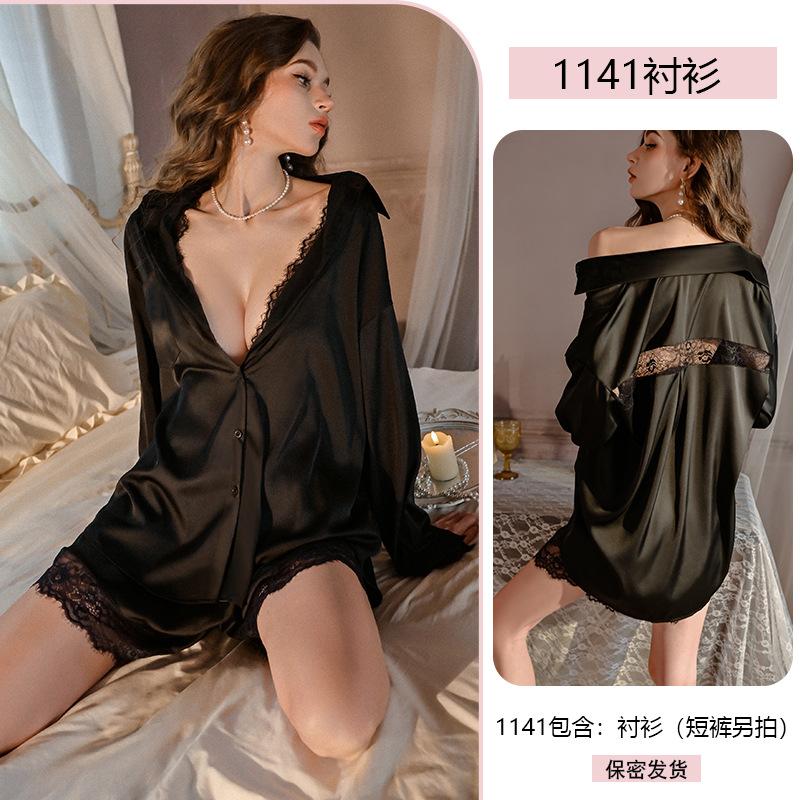 Sexy Boyfriend Style Shirt, Plate-sized Pajamas, Pure and Thin Lace Loose Home Wear, Sleeping Dress Set 1141
