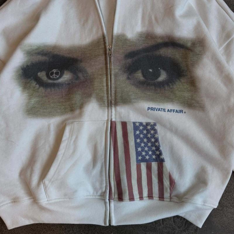 Unisex Streetwear Hooded Zip-Up Sweatshirt With Eye Flag Print Fall Winter Loose Fit
