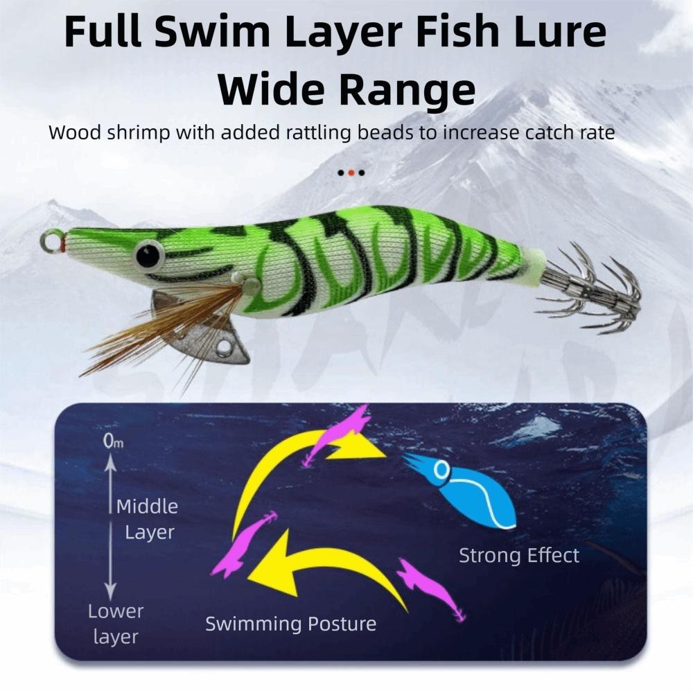 5Pcs 3D Eyes Luminous Squid Fishing Lure Wooden Shrimp Bait  All Kinds of Fishing Places