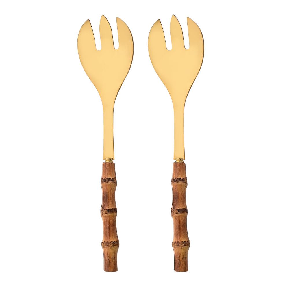 2Pcs Silver Dinnerware Cutlery 304 Stainless Steel Wood Bamboo Handle Food Serving Salad Spork Server Fork Spoon Tableware Set