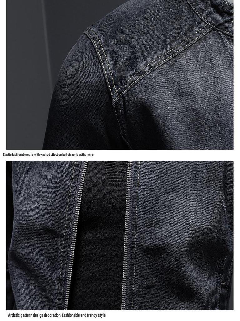 Spring 2020 Men's Dark Blue Retro Motorcycle Denim Jacket with Stand Collar and Zipper