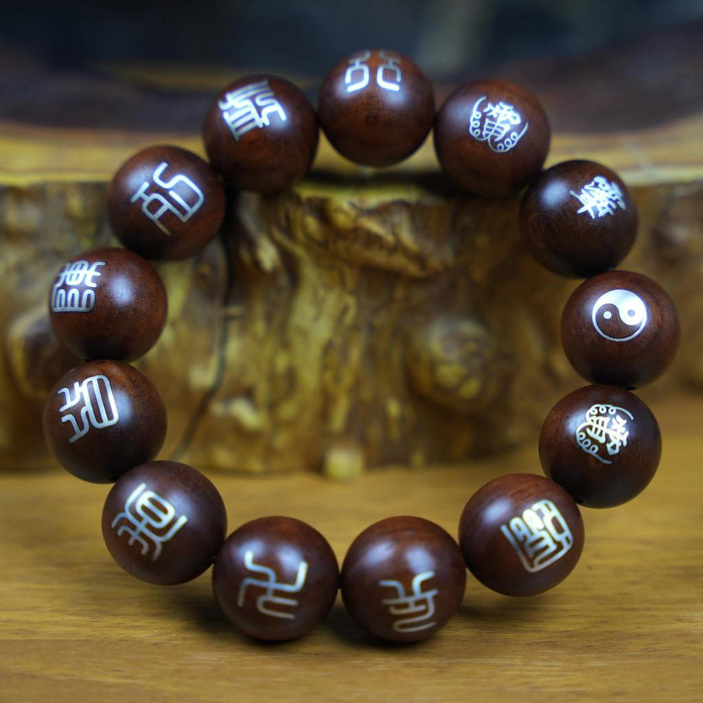 Natural Jujube Wood & Sterling Silver Mantra Bracelet with Jade Inlay - Buddhist Prayer Beads Pendant
