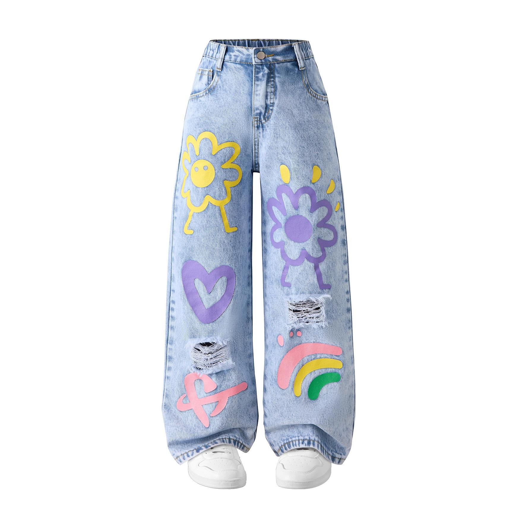 

Teen Girls Snow Washed Distressed Printed Wide Leg Jeans 120cm синий