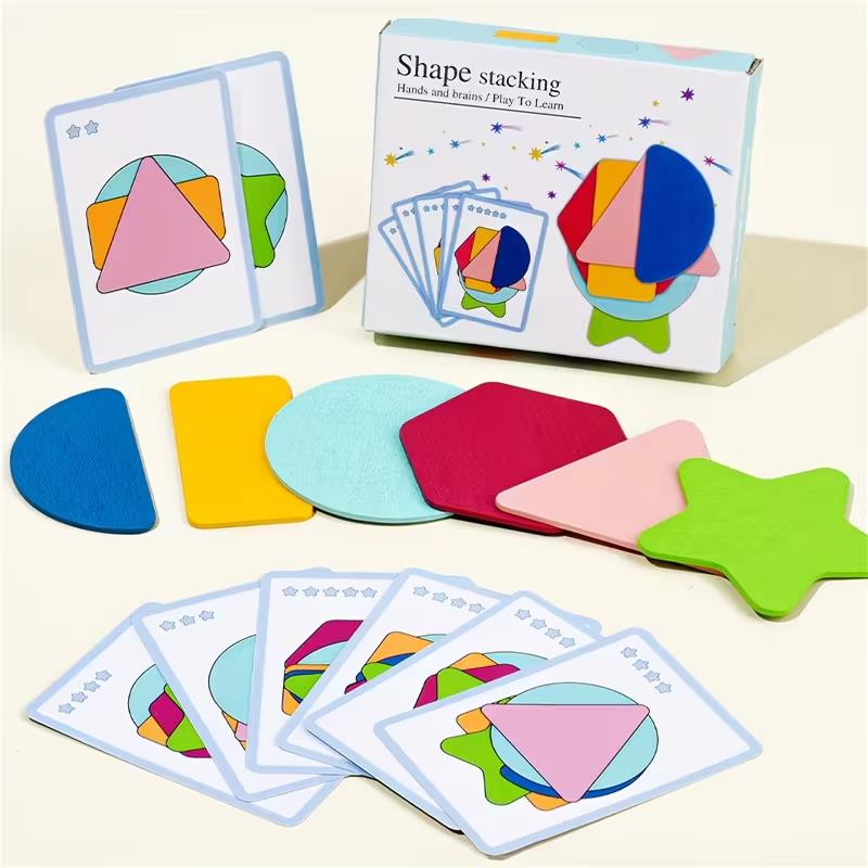 Montessori Shape Stacking Puzzle for Kids – Color & Geometry Learning Cards Set, Early Educational Sensory Matching Game Toy