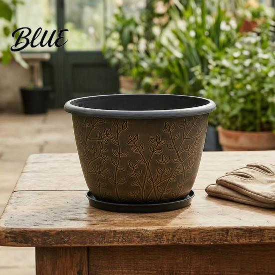 Flower Pots with Drainage Holes 12 Inch Thickened for Outdoor Indoor Plastic Leaf-Pattern Texture Deep Containers Flowers Planter Hole & Saucer,