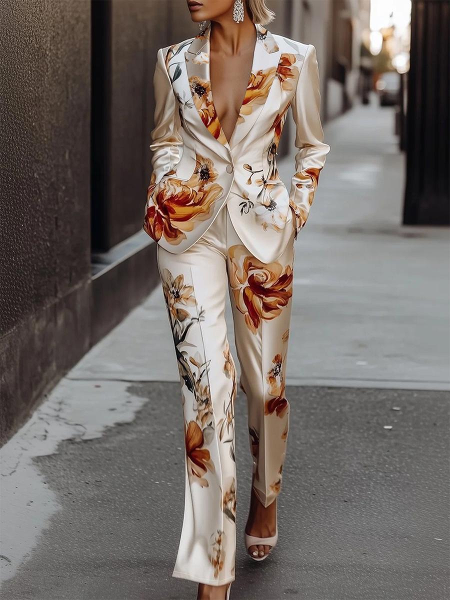 

Fashion Printed Satin Long Sleeve Suit Set Two Piece L