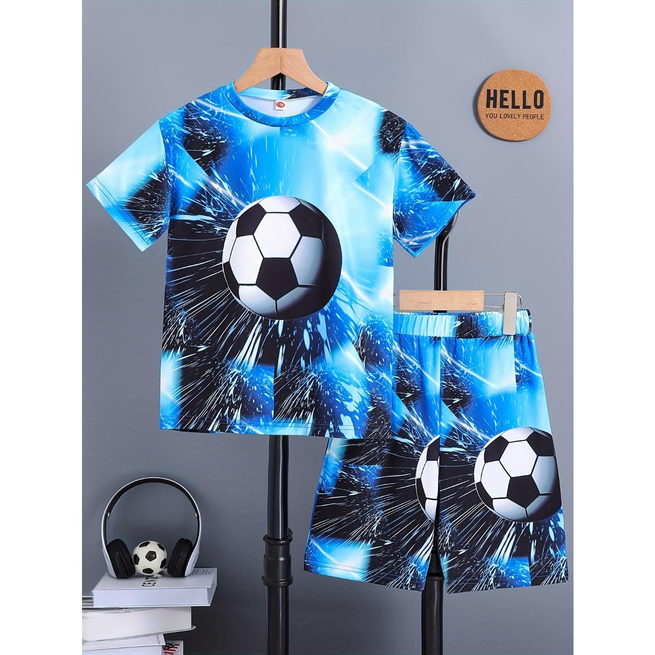 

Коллекция Лето 2026 для Мальчиков, Повседневный Спортивный Комплект из Вязаного Полиэстера с Геометрическим Узором и Принтом Футбола, Небольшая Эластичность 13-14Y