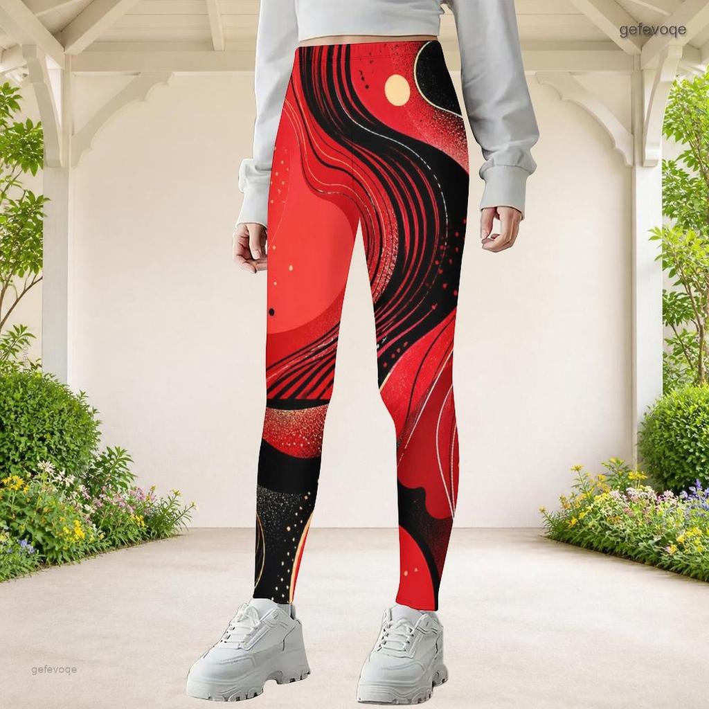 Girls Red Black Abstract Printed Full Length Stretch Waist Yoga Leggings
