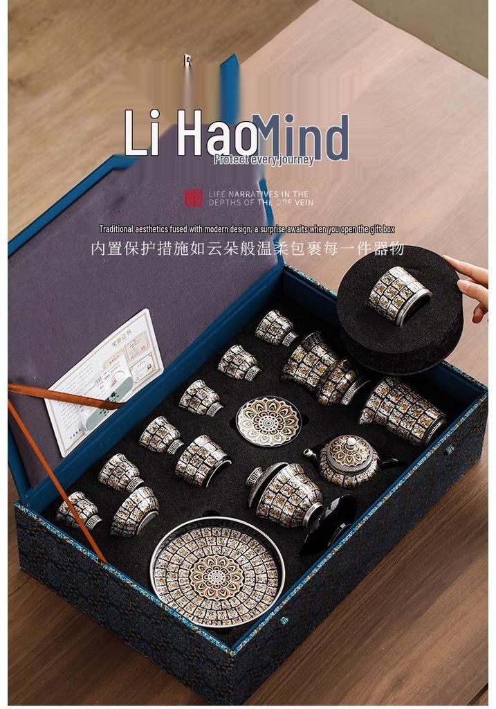 Sterling Silver Dunhuang Ten Thousand Buddhas Tea Set: Luxury Gift Box for New Year, Birthdays & Elders