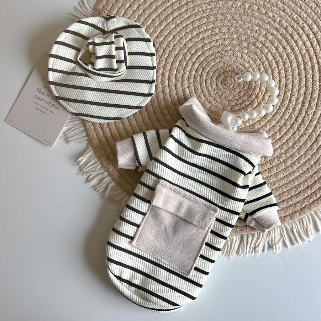 Autumn/Winter Pet Striped Bottom Shirt Cute Hat Set Teddy Cat Hoodie Dog Clothes for Small Dogs Puppy Clothes