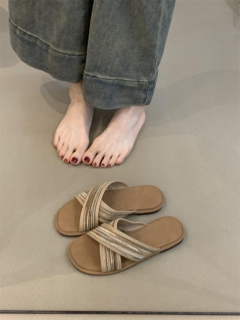 Modische Sandalen Damen 2025 Neu Sommer Vintage Gewebte Römersandalen mit gekreuzten Zehen